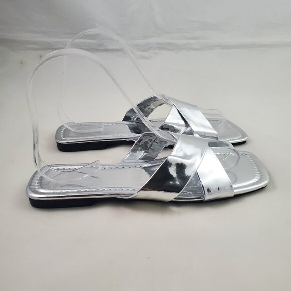 Women's Slip On Sandals Metallic Silver 7 Slides Casual - Picture 2 of 7